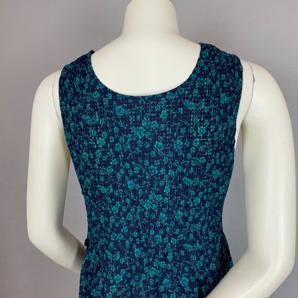 Floral Tunic Top Button-Side Shirred Sleeveless Semi-Sheer Blue Teal Pockets - Picture 10 of 11
